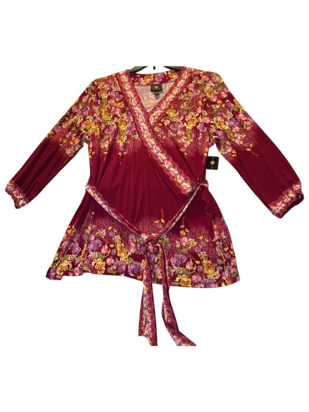 JM Collection Size 0X Floral Wrap Top Ruby Slippers Print 3/4 Sleeve - Picture 2 of 9